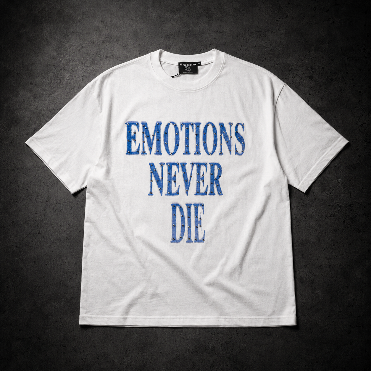 Camiseta Mixed Emotion Emotions Never Die – White/Blue